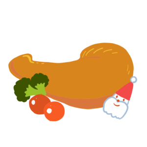 かわいいクリスマスチキンのイラスト。サンタクロース、ブロッコリー、ミニトマト