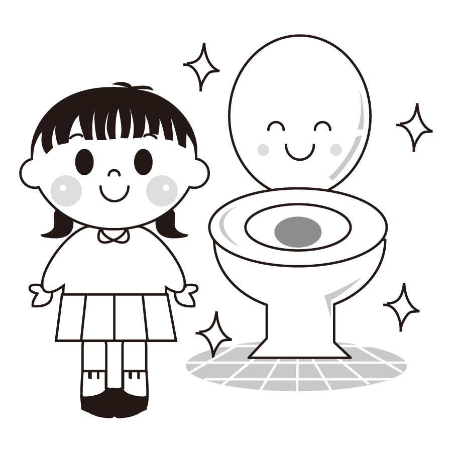 トイレをきれいに使う女の子のイラスト画像２ モノクロ 白黒