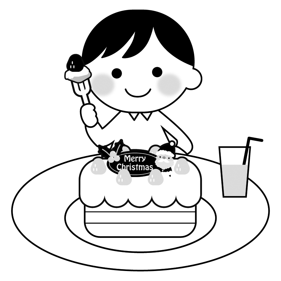クリスマスケーキを食べる男の子のイラスト２ モノクロ 白黒