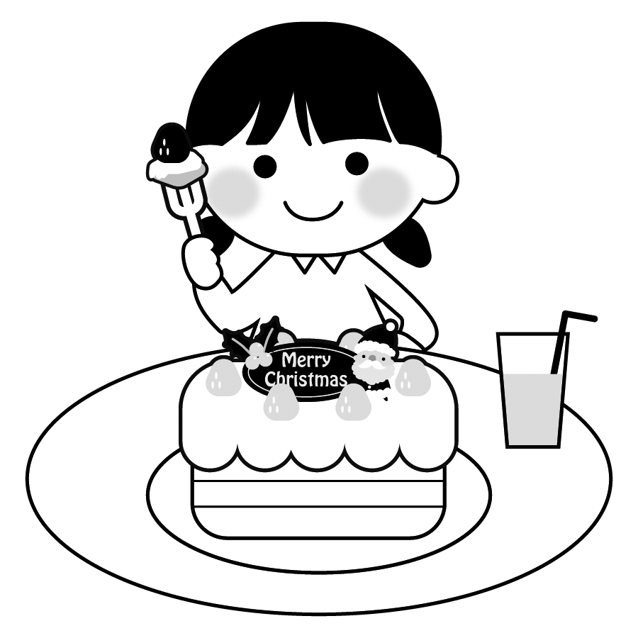 クリスマスケーキを食べる女の子のイラスト２ モノクロ 白黒版