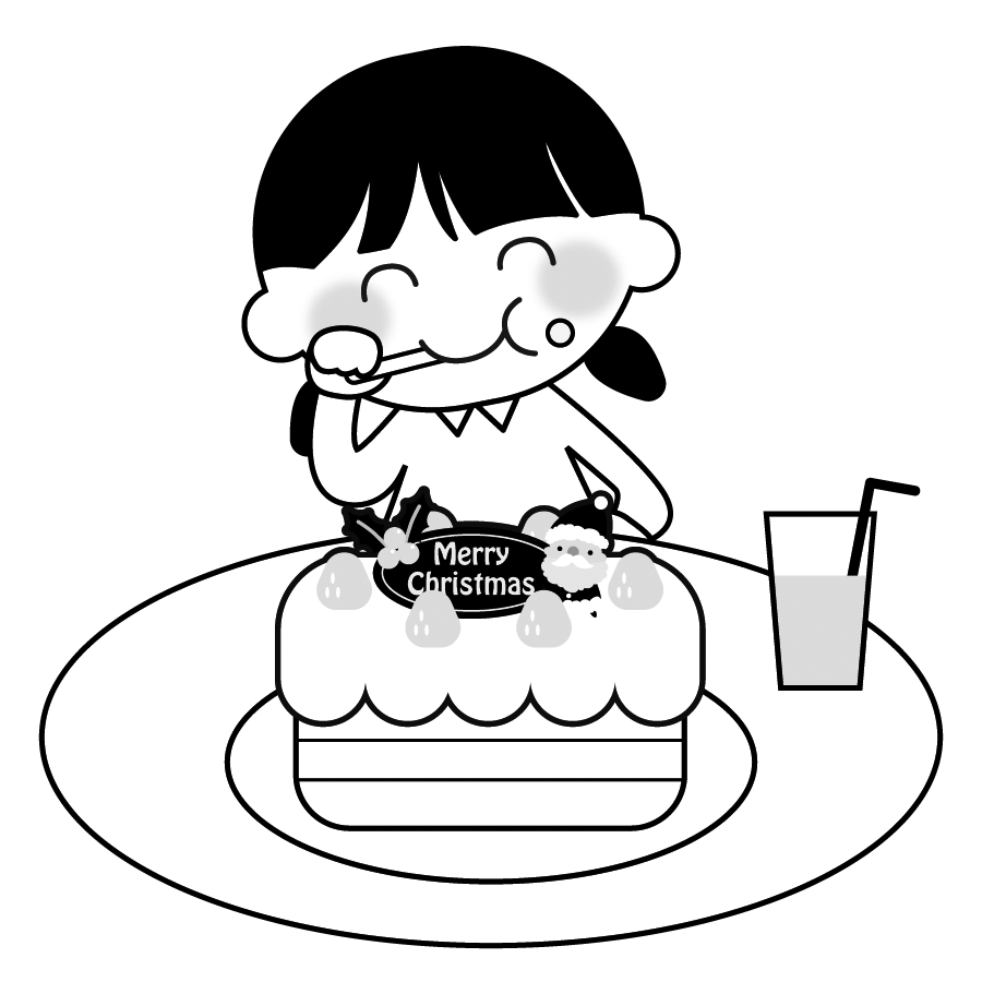 クリスマスケーキを食べる女子のイラスト４ モノクロ 白黒版