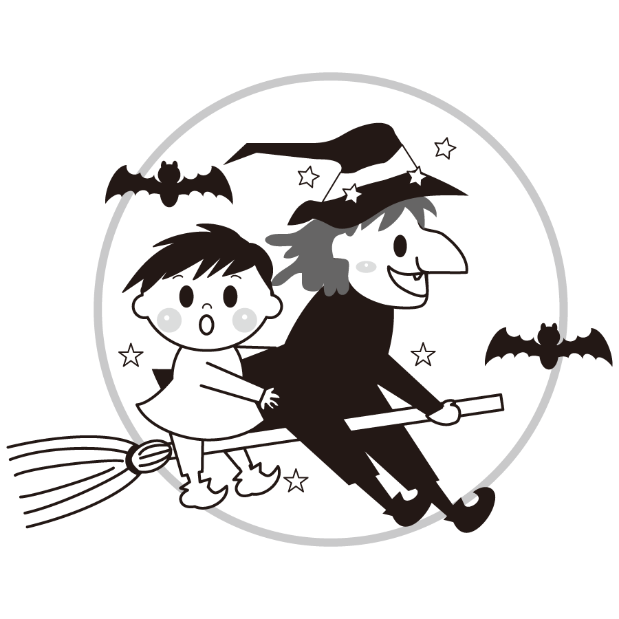 魔女と子供のイラスト 白黒 モノクロ