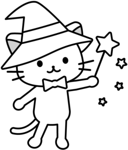 魔法使い　猫　イラスト　白黒　モノクロ