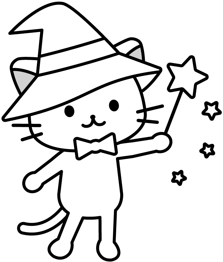魔法使いの猫のイラスト モノクロ 白黒