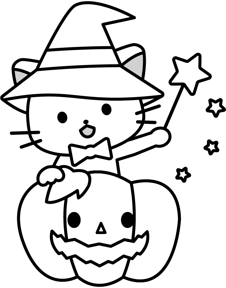 ハロウィンの猫のイラスト 白黒 モノクロ