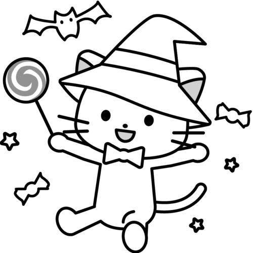 魔女　猫　イラスト　白黒　モノクロ