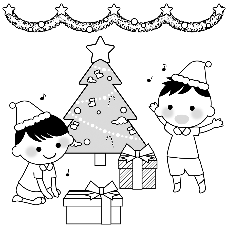 保育園や幼稚園のクリスマスのイラスト２ モノクロ 白黒版