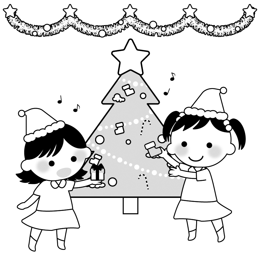 保育園や幼稚園のクリスマスのイラスト４ モノクロ 白黒版