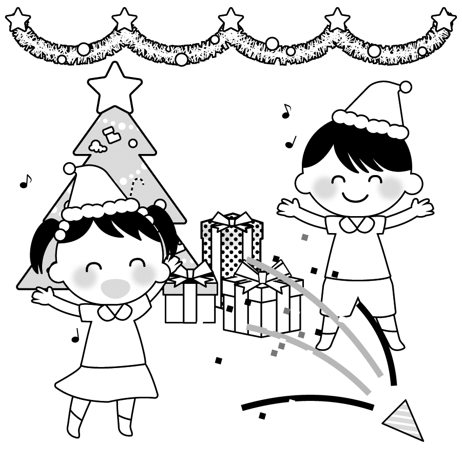 保育園や幼稚園のクリスマスのイラスト６ モノクロ 白黒版