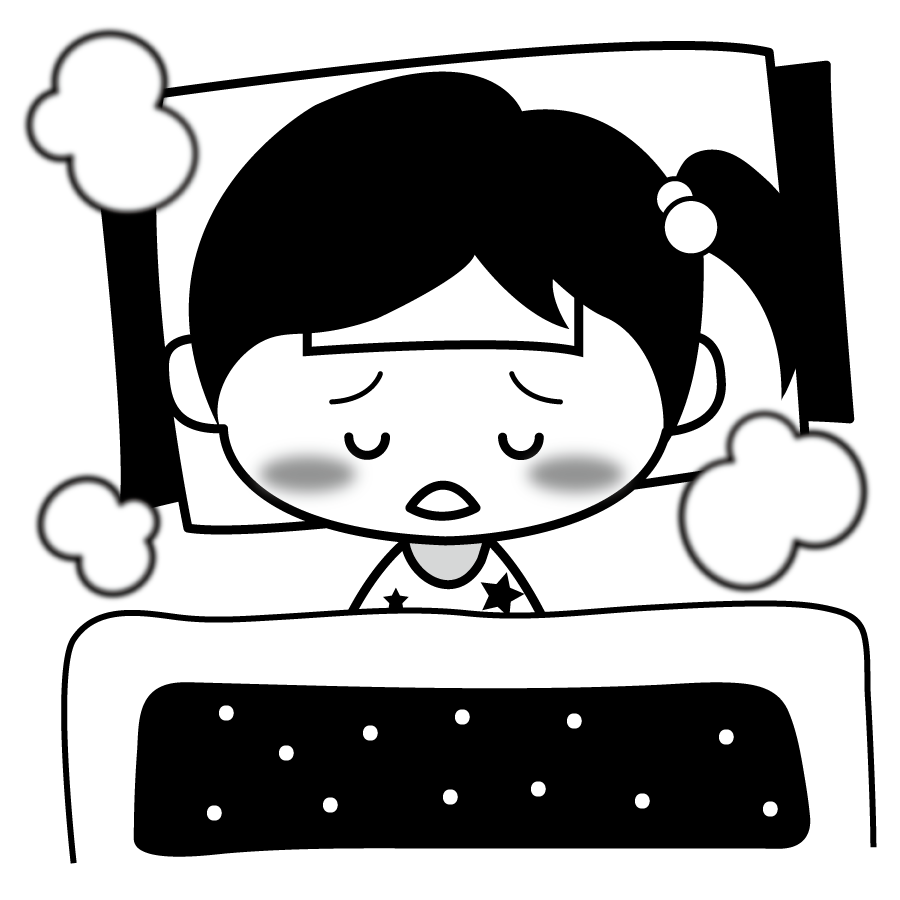 病気で寝る子供のイラスト 白黒 モノクロ