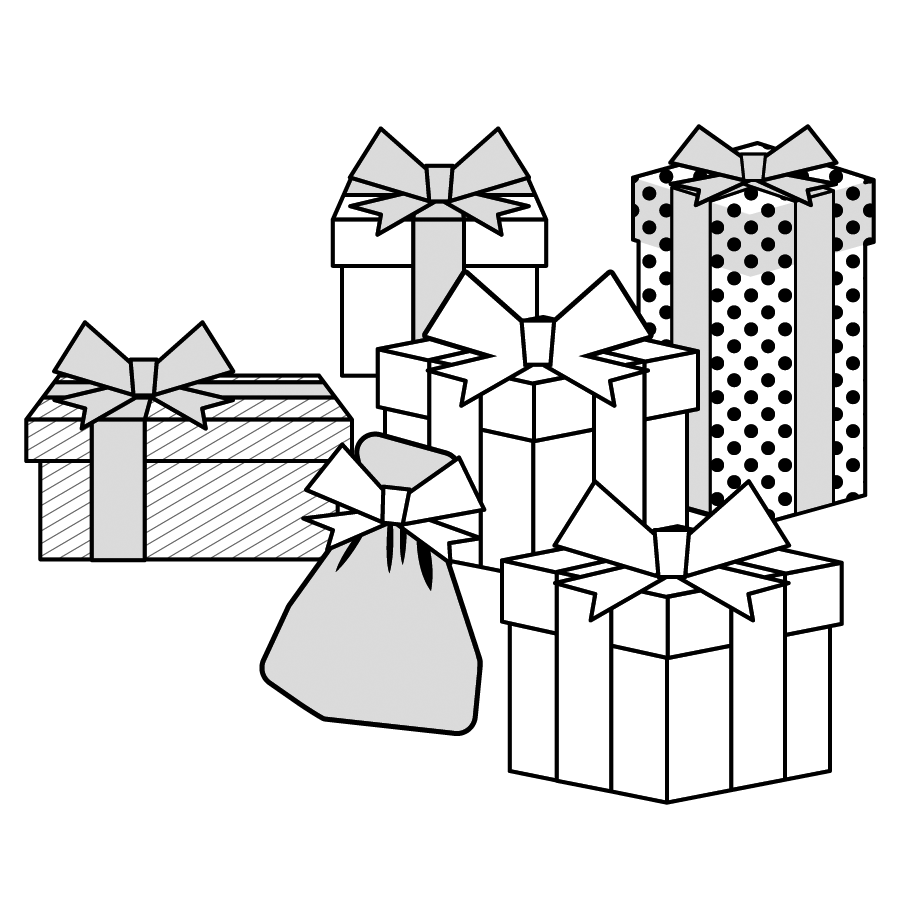 クリスマスプレゼントのかわいいイラスト６ モノクロ 白黒版