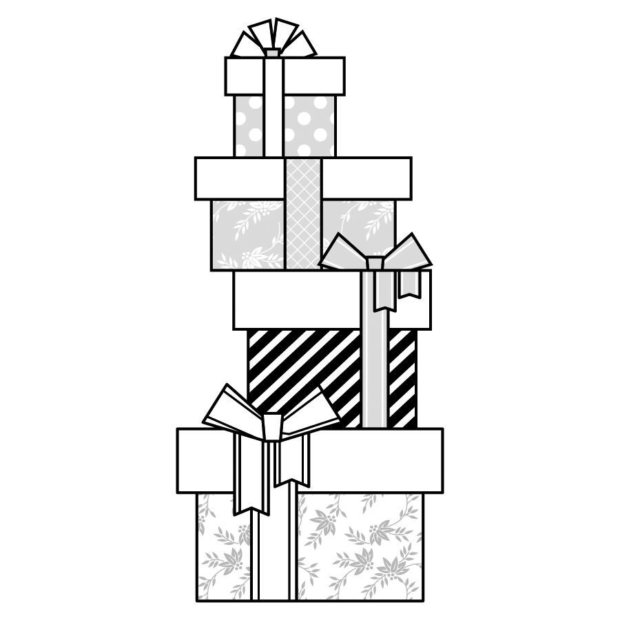 クリスマスプレゼントのかわいいイラスト４ モノクロ 白黒版