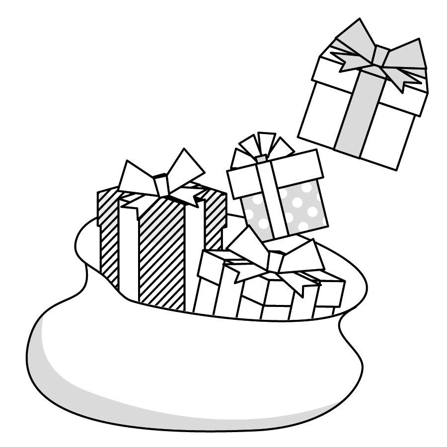クリスマスプレゼントのかわいいイラスト８ モノクロ 白黒版