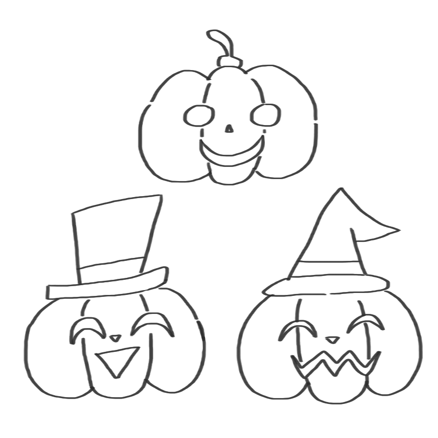 ハロウィンのかぼちゃが帽子を被ったイラスト 白黒 モノクロ