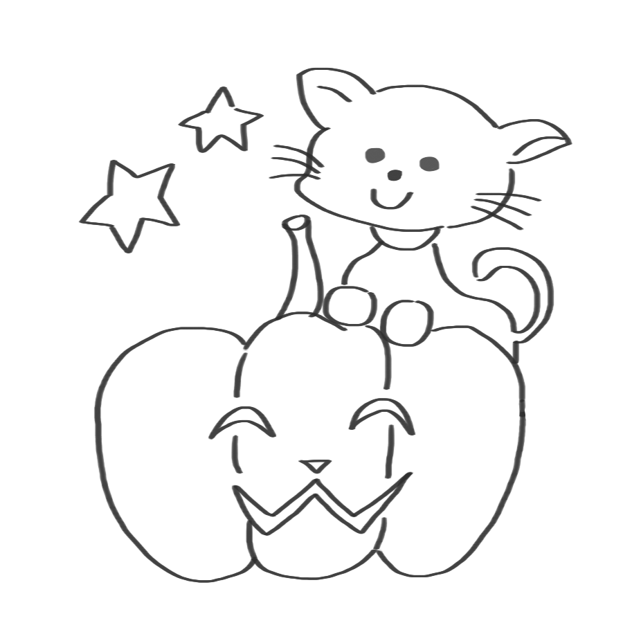 猫とかぼちゃのかわいいイラスト 白黒 モノクロ