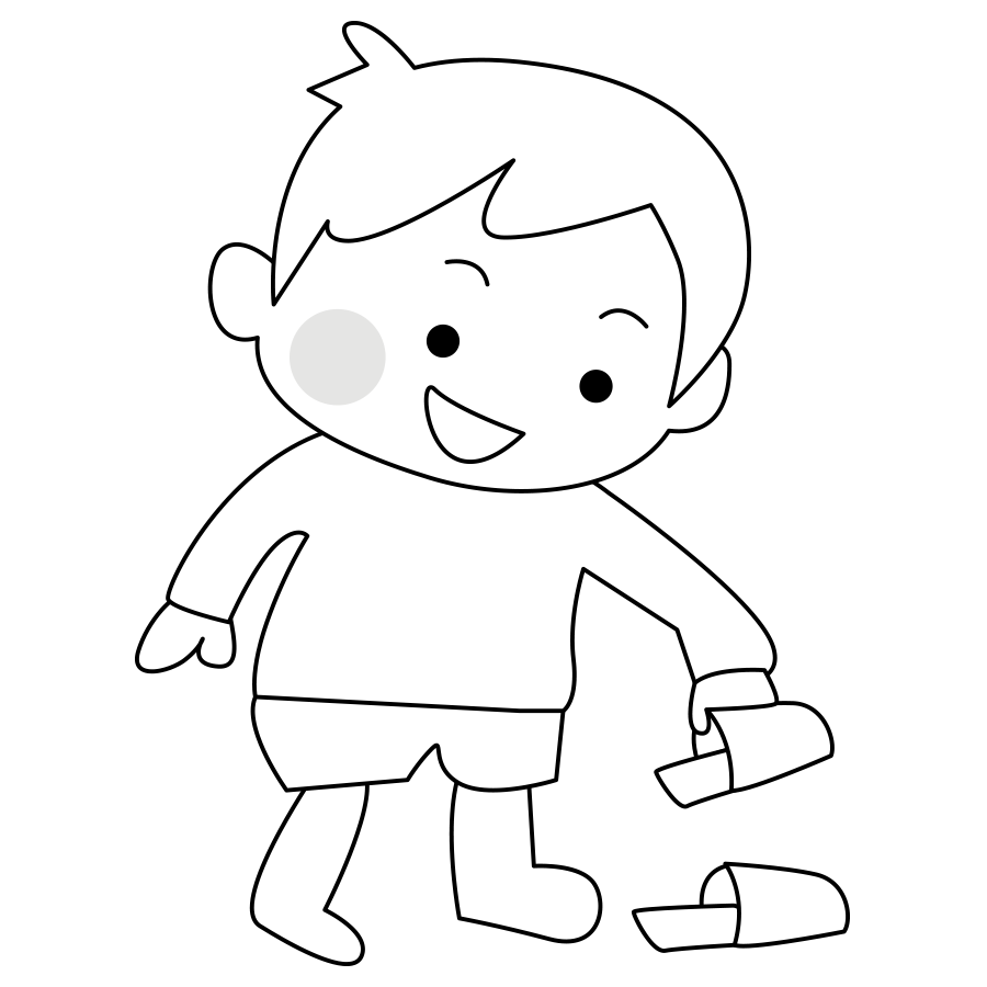 スリッパを揃える男の子のイラスト モノクロ 白黒版
