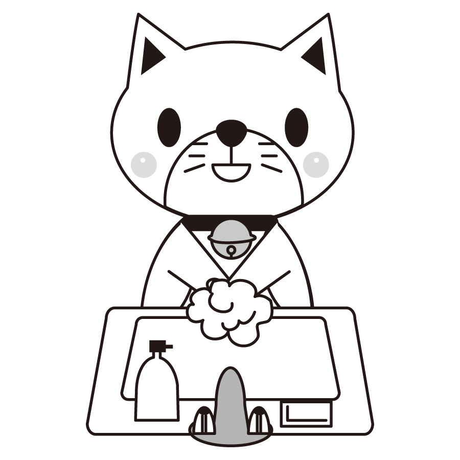猫が手洗いするかわいいイラスト画像素材 白黒 モノクロ
