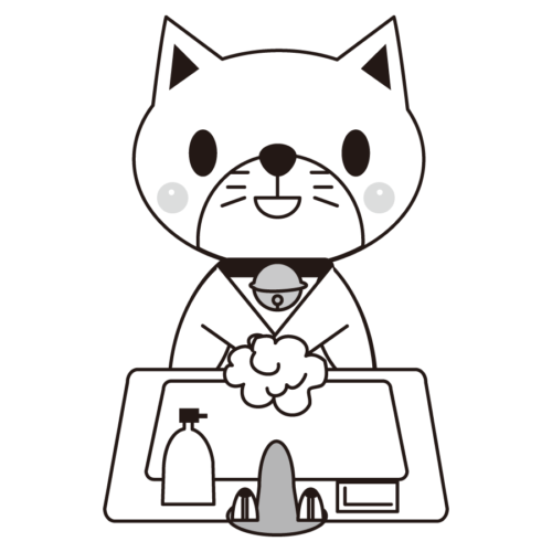 猫　手洗い　イラスト　白黒　モノクロ