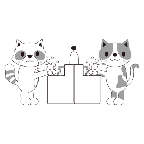 動物　手洗い　イラスト　白黒　モノクロ　たぬき　猫