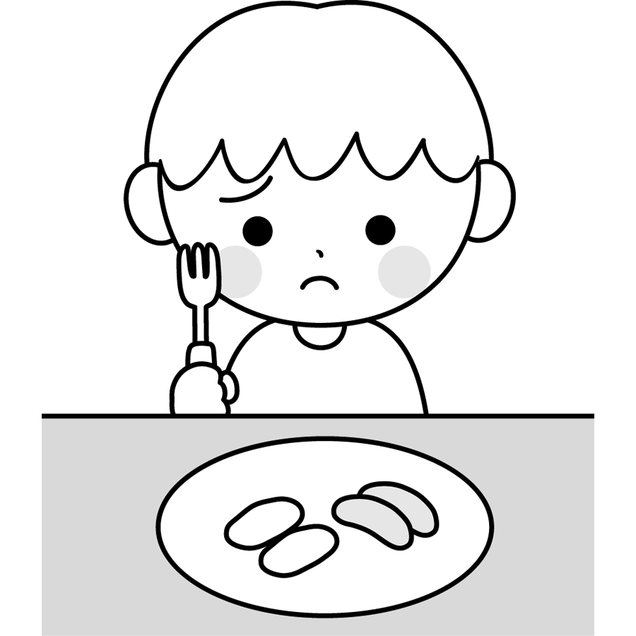 給食を残す子供のかわいイラスト画像素材 白黒 モノクロ