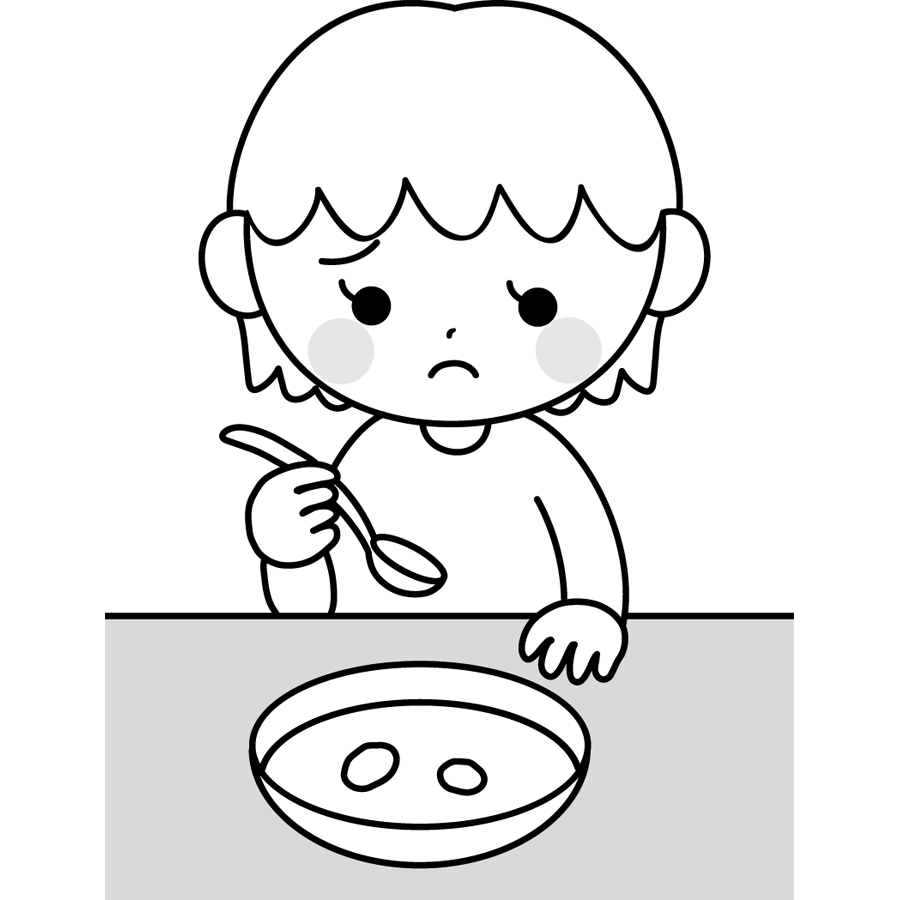 食事の好き嫌いをする子供のかわいイラスト画像素材 白黒 モノクロ