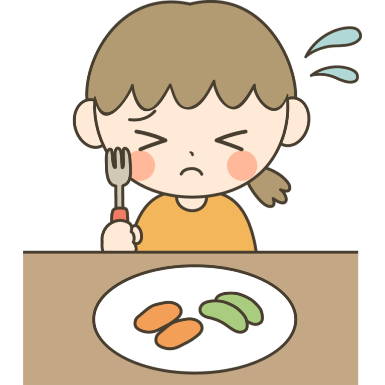 食事の好き嫌いをする子供のかわいイラスト画像素材（白黒、モノクロ）