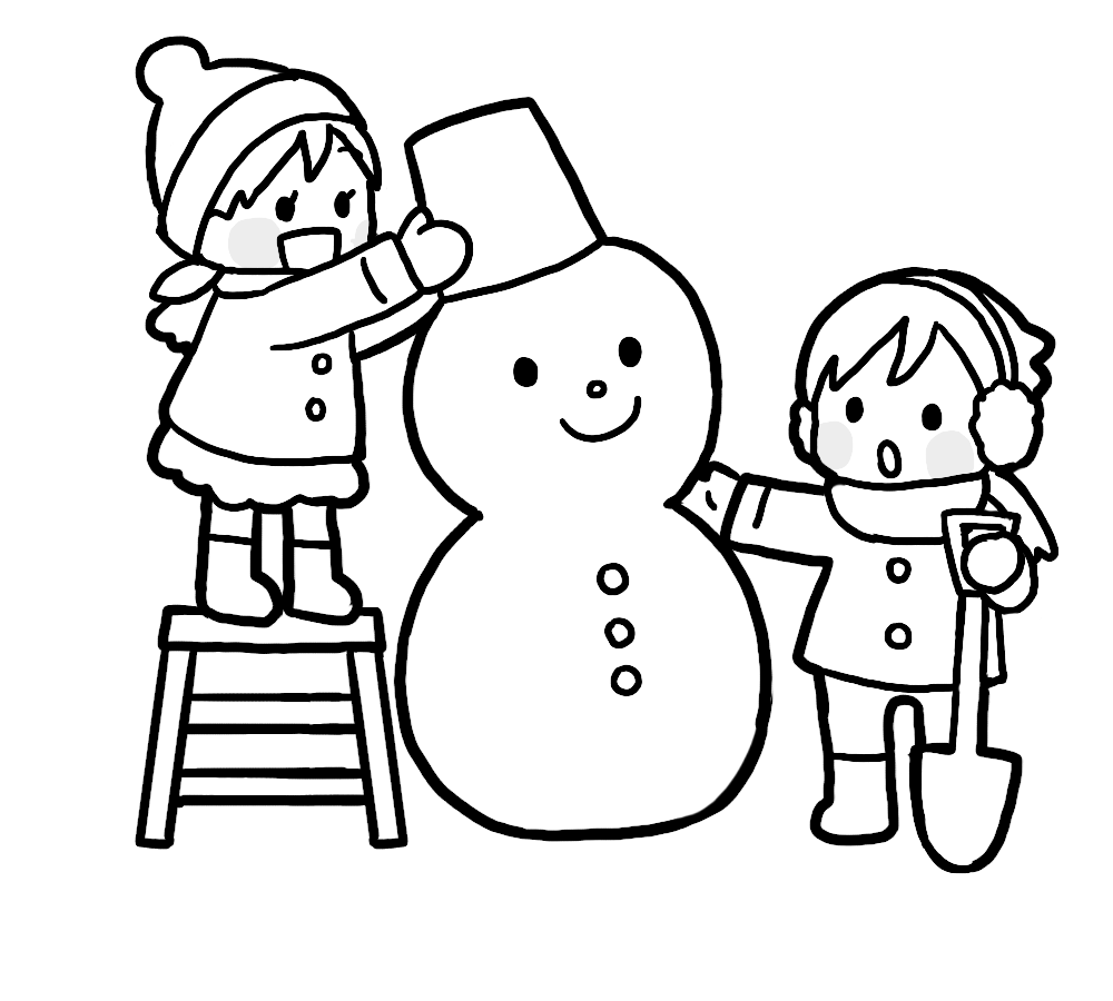 雪だるまにバケツの帽子を被せているイラスト画像素材 白黒 モノクロ