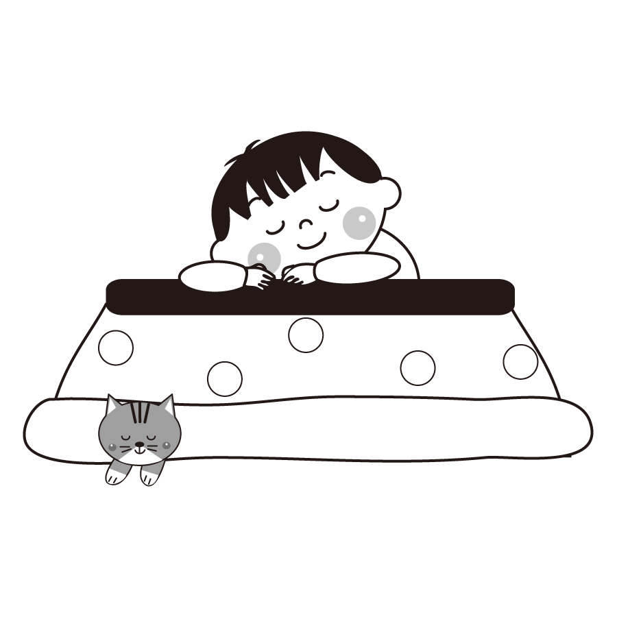 コタツで猫と寝る子供のかわいいイラスト画像素材 白黒 モノクロ