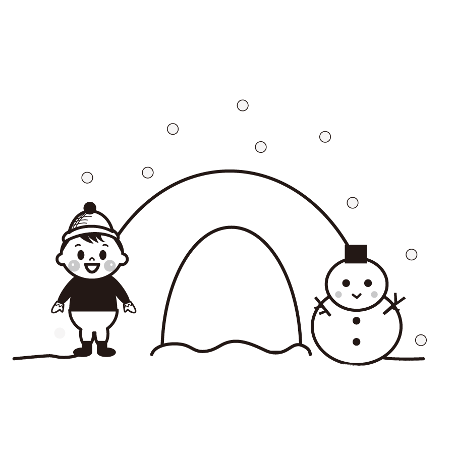 冬に雪遊びする子供のかわいイラスト画像素材 白黒 モノクロ