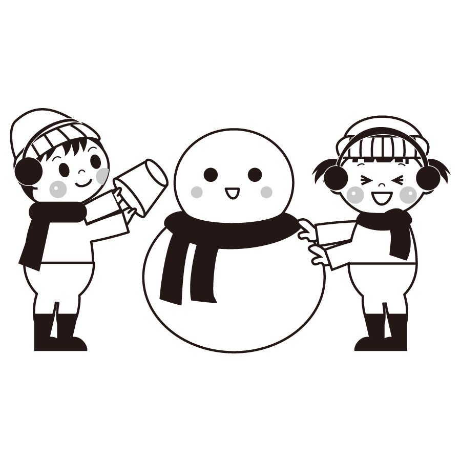 雪遊びで雪だるまを作る子供のイラスト 白黒 モノクロ