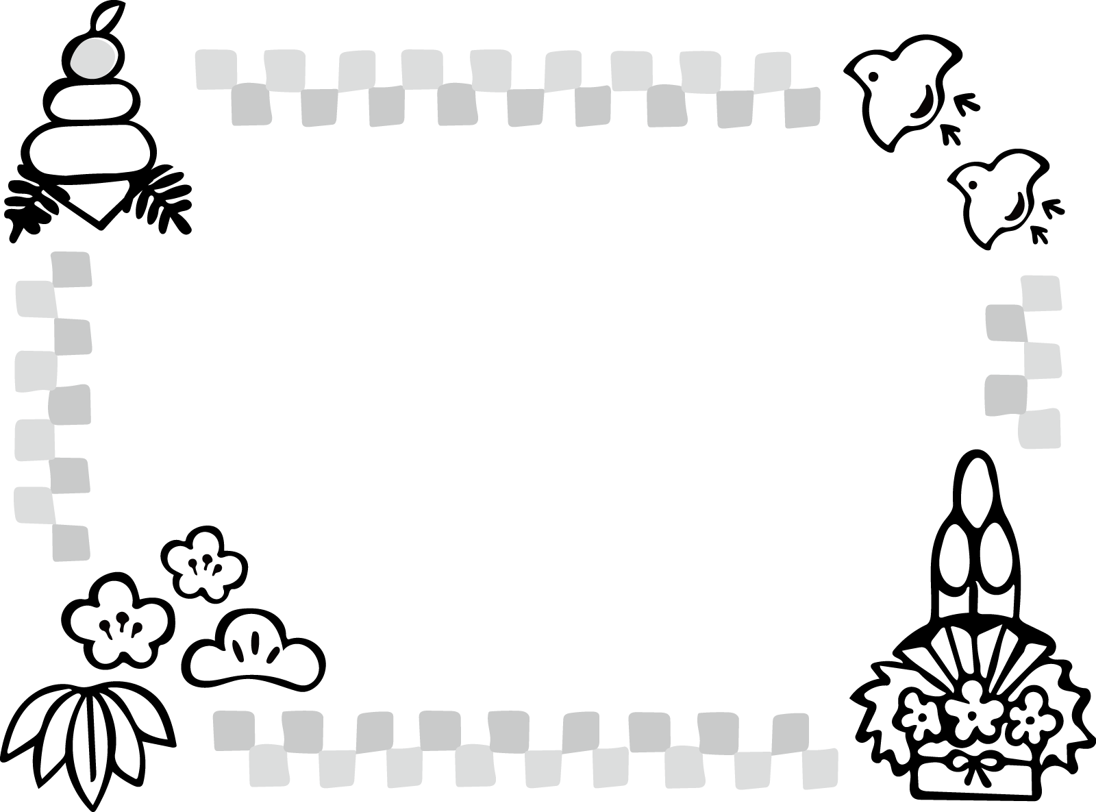 門松や鏡餅のフレーム枠背景イラスト画像素材 白黒 モノクロ