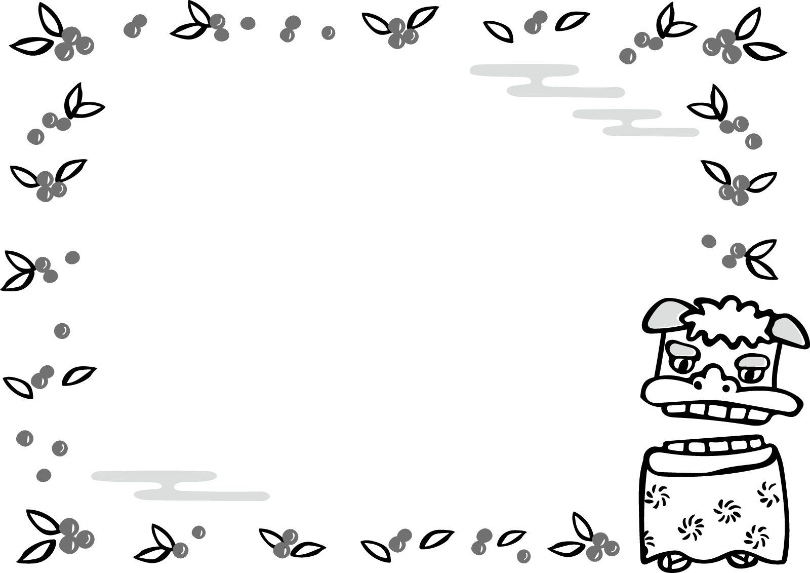 獅子舞のフレーム枠背景イラスト画像素材 白黒 モノクロ