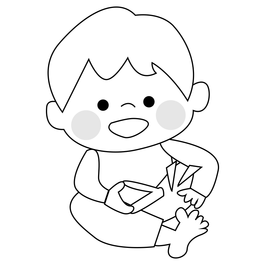 足の爪切りをする子供のかわいいイラスト画像素材 白黒 モノクロ