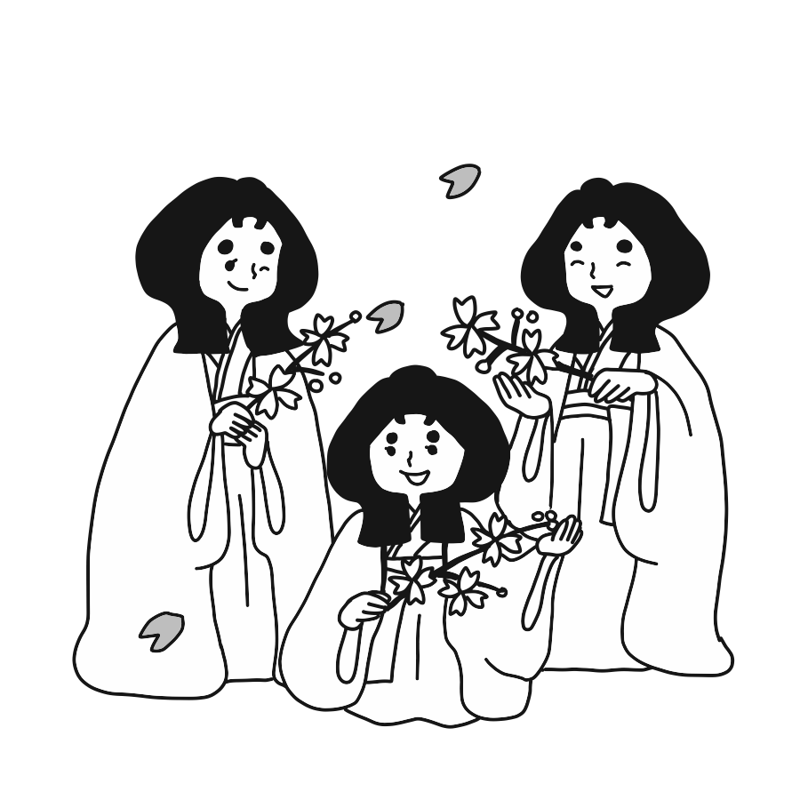 ひな祭りの三人官女のイラスト画像素材 白黒 モノクロ