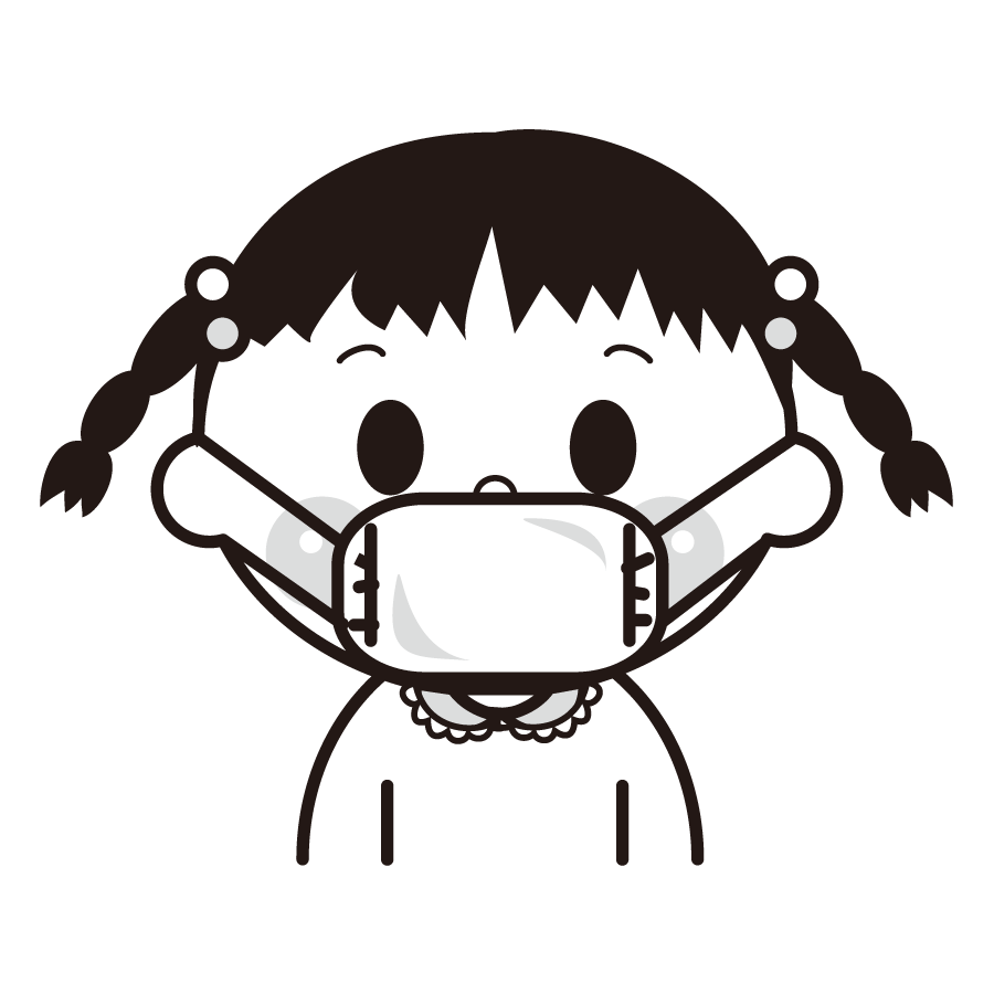 マスクをしている女の子のかわいいイラスト画像素材 白黒 モノクロ