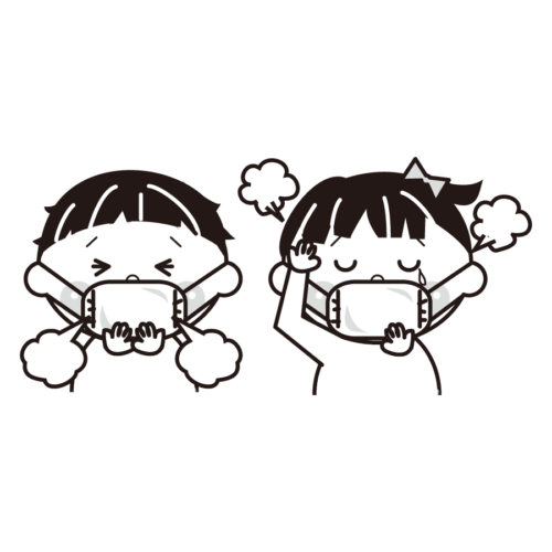 風邪をひいてマスクをしている子供のかわいいイラスト画像素材 白黒 モノクロ
