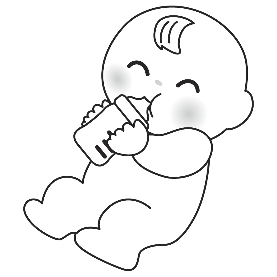 ミルクを飲む赤ちゃんのかわいいイラスト画像素材 白黒 モノクロ