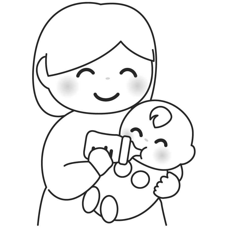 赤ちゃんにミルクを飲ませているお母さんのかわいいイラスト画像素材 白黒 モノクロ