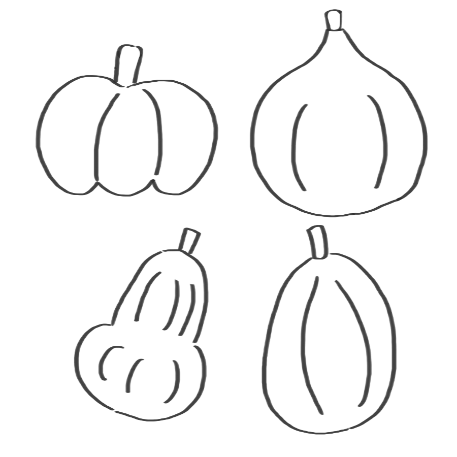 いろいろな種類のかぼちゃのイラスト画像素材 白黒 モノクロ